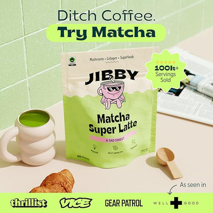 JIBBY Mushroom Matcha Super Latte - Ceremonial Grade Green Tea Organic Matcha Powder, Collagen, MCT Oil, Superfood Mushrooms, Matcha Latte Collagen Powder, Matcha Powder (A Tad Sweet, 10 Servings)