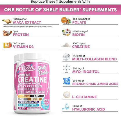 Creatine for Women | Creatine Monohydrate + BCAA Powder Myo-Inositol Collagen Biotin Hyaluronic Acid Folate L Glutamine Vitamin D3 Iron Zinc D-Chiro-Maca Digestion Shelf Builder by Clean Nutra