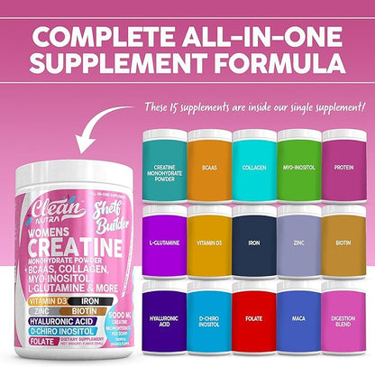 Creatine for Women | Creatine Monohydrate + BCAA Powder Myo-Inositol Collagen Biotin Hyaluronic Acid Folate L Glutamine Vitamin D3 Iron Zinc D-Chiro-Maca Digestion Shelf Builder by Clean Nutra