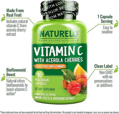 NATURELO Vitamin C with Organic Acerola Cherry Extract and Citrus Bioflavonoids - Vegan Supplement - Immune Support - 500 mg VIT C per Cap - Non-GMO - 90 Capsules