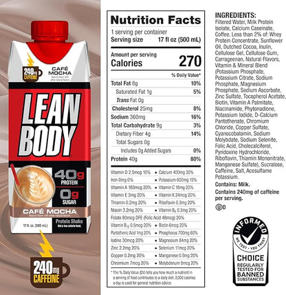 Lean Body Ready-to-Drink Café Mocha Protein 240mg Caffeine, 40g Protein, 0 Sugar, 22 Vitamins 12) LABRADA