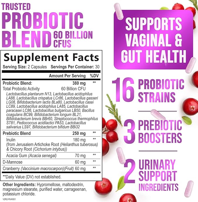 Probiotics for Women 60 Billion CFU & 16 Probiotic Strains with Prebiotics for Digestive Health, Womens Probiotic for Vaginal pH, Urinary & Immune Support with Cranberry, Gluten Free - 60 Capsules