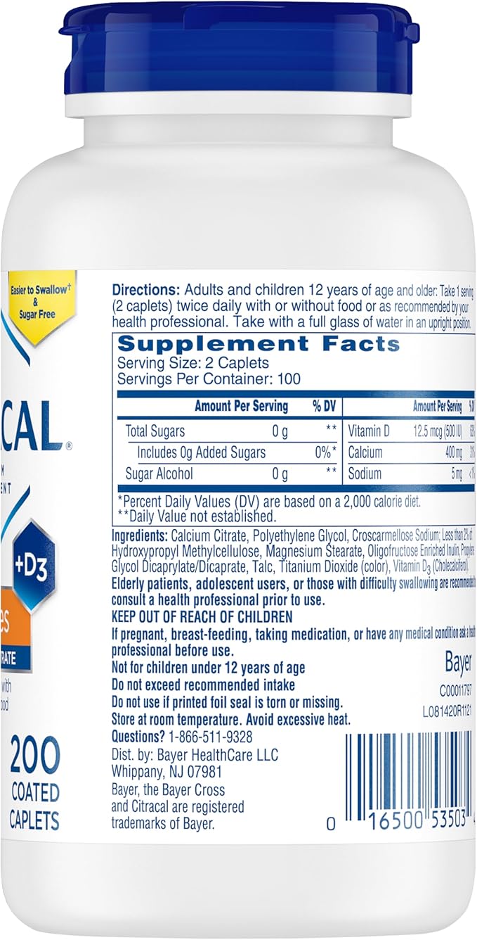 Citracal Petites, 400 mg Calcium Citrate, 12.5 mcg (500 IU) D3, Bone 12+, Smaller 200 Count