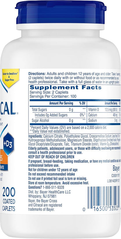 Citracal Petites, 400 mg Calcium Citrate, 12.5 mcg (500 IU) D3, Bone 12+, Smaller 200 Count