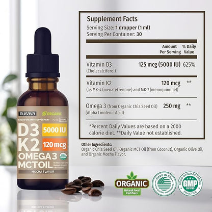 (2 Pack) Organic Vitamin D3 K2 Drops with MCT Oil Omega 3, 5000 IU, Maximum Strength Vitamin D Liquid, No Fillers, Non-GMO Liquid D3 for Faster Absorption and Immune Support (Mocha, 2 Fl Oz)