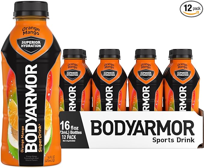 BODYARMOR Sports Drink Sports Beverage, Orange Mango, Coconut Water Hydration, Natural Flavors With Vitamins, Potassium-Packed Electrolytes, Perfect For Athletes, 16 Fl Oz (Pack of 12)