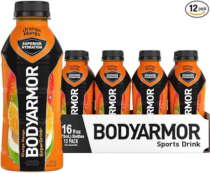 BODYARMOR Sports Drink Sports Beverage, Orange Mango, Coconut Water Hydration, Natural Flavors With Vitamins, Potassium-Packed Electrolytes, Perfect For Athletes, 16 Fl Oz (Pack of 12)