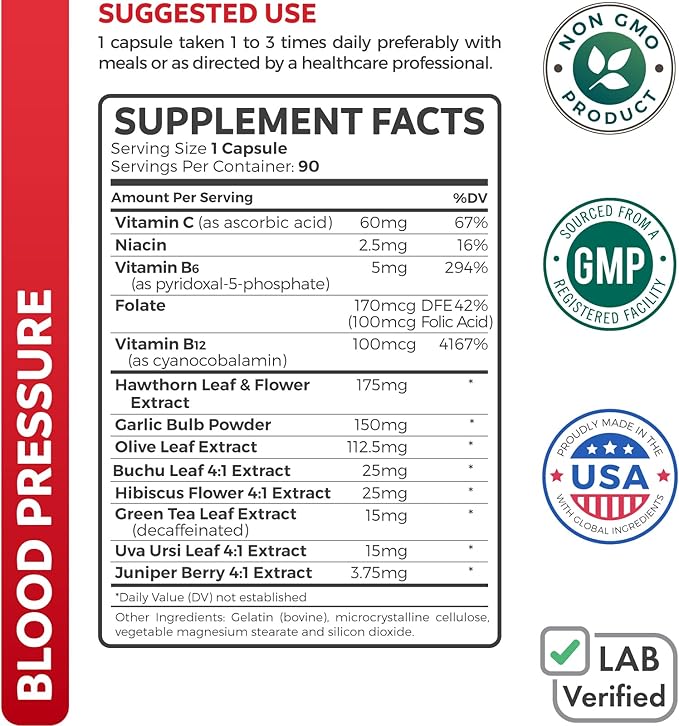Blood Pressure Support Supplement (NON-GMO) Premium 90 Capsules
