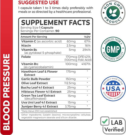 Blood Pressure Support Supplement (NON-GMO) Premium 90 Capsules