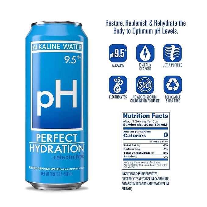 Perfect Hydration 9.5+ ph Alkaline Water, 16.9 oz Recyclable Aluminum Cans | 9x Purified | Electrolyte Minerals for Taste | Pack of 12