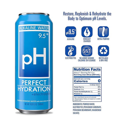 Perfect Hydration 9.5+ ph Alkaline Water, 16.9 oz Recyclable Aluminum Cans | 9x Purified | Electrolyte Minerals for Taste | Pack of 12