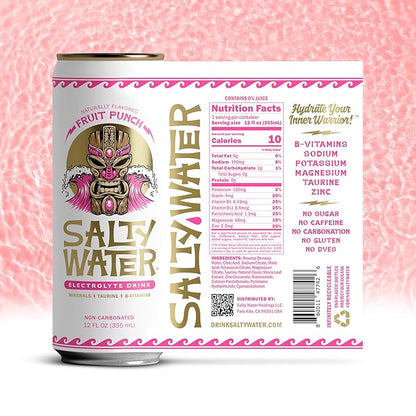 SaltyWater Electrolyte Drink, Fruit Punch – Zero Sugar Premium Hydration Drink, 10 Calories, Minerals, Taurine, B-Vitamins, Non-Carbonated - Zero Caffeine Electrolyte Sports Drink - Keto, Paleo, Vegan - 12 Pack (12 oz)