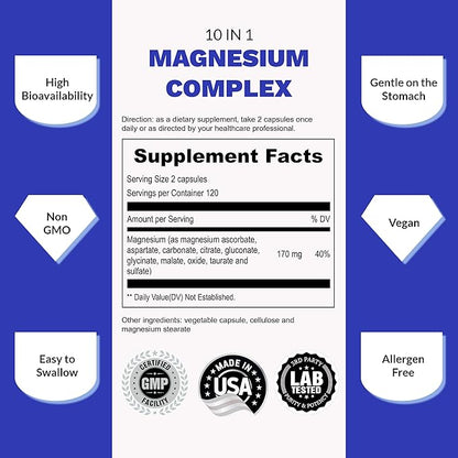 UpNourish Magnesium Supplement - 10 in 1 Magnesium Complex - Full Spectrum Magnesium Mineral Supplements with Glycinate, Citrate, Taurate, Malate, Carbonate, Oxide and More, 240 Vegan Capsules