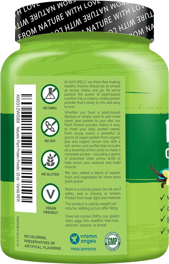 NATURELO Plant Protein Powder, Vanilla, 22g Protein 20 Servings