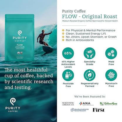 Purity Coffee FLOW Original Medium Roast Ground Coffee for Focus and Clean Energy - USDA Organic and Third-Party Tested for Antioxidants, Mold, Mycotoxins and Pesticides - 12oz