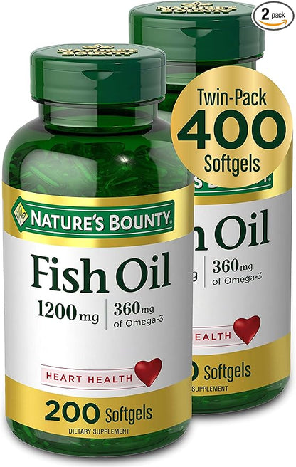 Nature's Bounty Fish Oil, Dietary Supplement with 360mg Omega-3, Supports Heart Health, 1200mg, 200 Softgels (Pack of 2)
