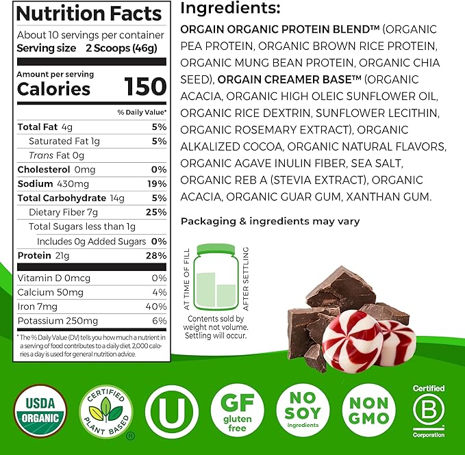 Orgain Organic Vegan Protein Powder, Peppermint Hot Cocoa Seasonal Holiday Flavor - 21g of Plant Based Protein, Non Dairy, Gluten Free, 2g of Fiber, No Sugar Added, Soy Free, Non-GMO, 1.02 Lb