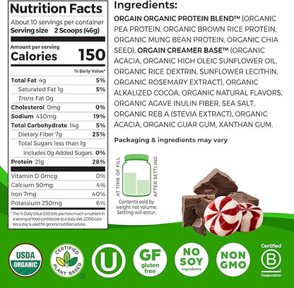 Orgain Organic Vegan Protein Powder, Peppermint Hot Cocoa Seasonal Holiday Flavor - 21g of Plant Based Protein, Non Dairy, Gluten Free, 2g of Fiber, No Sugar Added, Soy Free, Non-GMO, 1.02 Lb