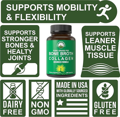 Bone Broth Collagen Capsules. 180 Pills 3 Collagen 1, 2, 2, and 3. Pure