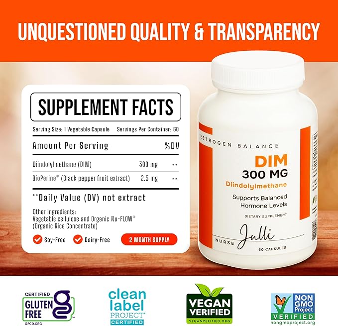 DIM Supplement 300mg | Estrogen Balance for Men and Women | Menopause, PCOS, Hormonal Acne Support & Antioxidant Support for Women | Boosted with Natural Metabolites | Manufactured in the USA | 60 Ct.