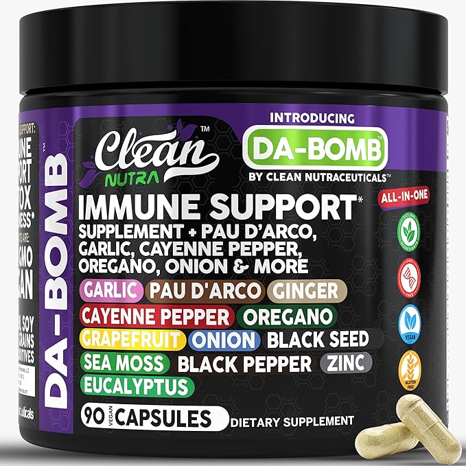 Organic Immune Support with PAU D'Arco Garlic Cayenne Pepper Oregano Ginger Grapefruit Onion Black Seed Sea Moss Black Pepper Zinc Eucalyptus Vitamin C Vitamin D Organic Soursop by Clean Nutra