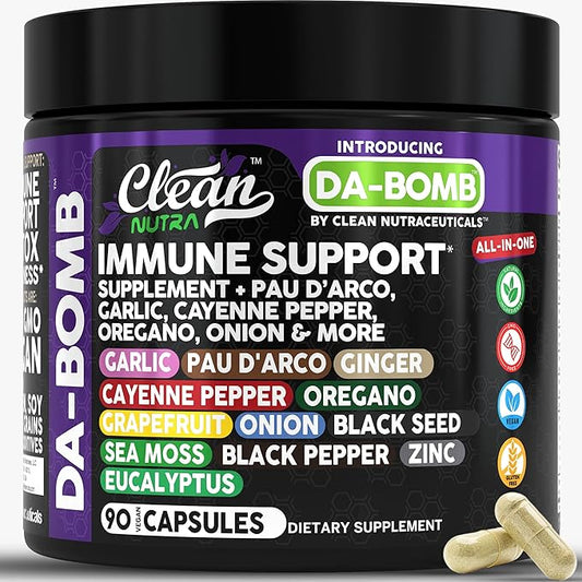 Organic Immune Support with PAU D'Arco Garlic Cayenne Pepper Oregano Ginger Grapefruit Onion Black Seed Sea Moss Black Pepper Zinc Eucalyptus Vitamin C Vitamin D Organic Soursop by Clean Nutra