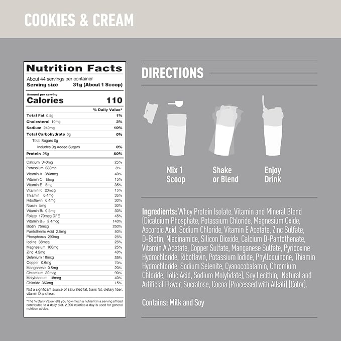 Isopure Zero Carb 100% Pure Whey Isolate Protein Powder, Lactose Free, Gluten Free, With Vitamins, Cookies & Cream, 25g Protein Per Serving, 3 Lbs, 44 Servings