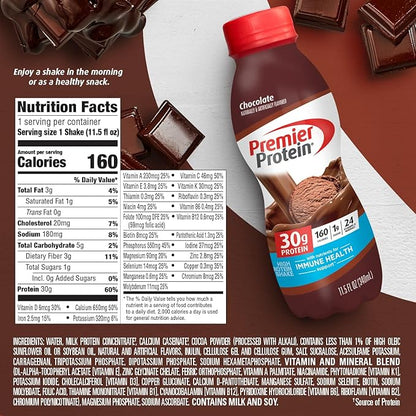 Premier Protein Shake, Chocolate, 30g Protein 1g Sugar 24 Vitamins Minerals Nutrients to Support Immune Health, 11.5 fl oz (Pack of 6)