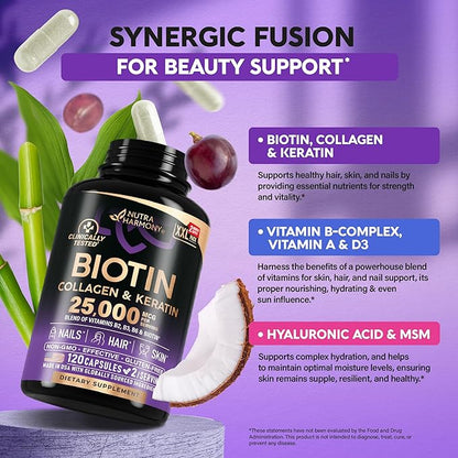 Biotin | Collagen | Keratin - 25000 mcg B2 | B3 | B6 | B7 - 120 Capsules