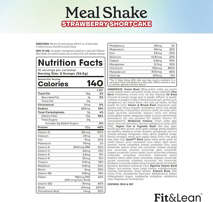 Fit & Lean Meal Shake, Fat 0.8 lbs (365 g),10 g),10 Servings