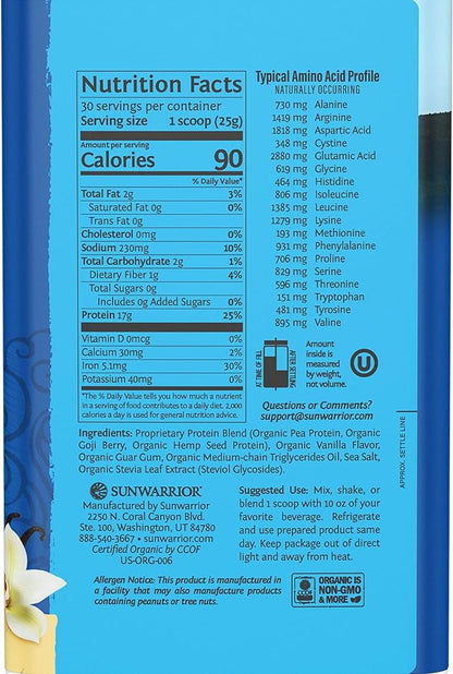 Sunwarrior Vegan Protein Powder Organic Plant-Based Protein 30 Servings