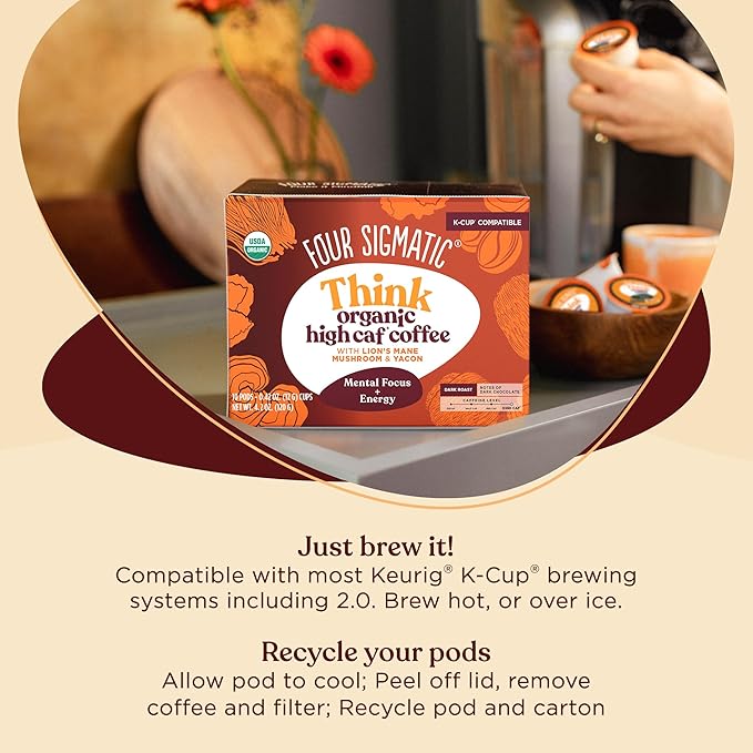 Four Sigmatic High Caffeine Mushroom Coffee K-Cups | Organic Dark Roast Coffee with Lion’s Mane & Chaga | Focus & Immune Support | Vegan & Keto | Sustainable Pods | 24 Count