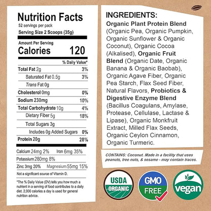 EarthChimp Organic Vegan Protein Powder - with Probiotics - Non GMO, Dairy Free, Non Whey, Plant Based Protein Powder for Women and Men, Gluten Free - 52 Servings 64 Oz (Chocolate) No Scoop