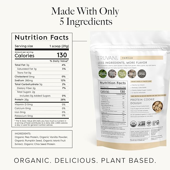 Truvani Vegan Pea Protein Powder | Vanilla | 20g Organic Plant Based Protein | 18 Servings | Keto | Gluten & Dairy Free | Low Carb | No Added Sugar