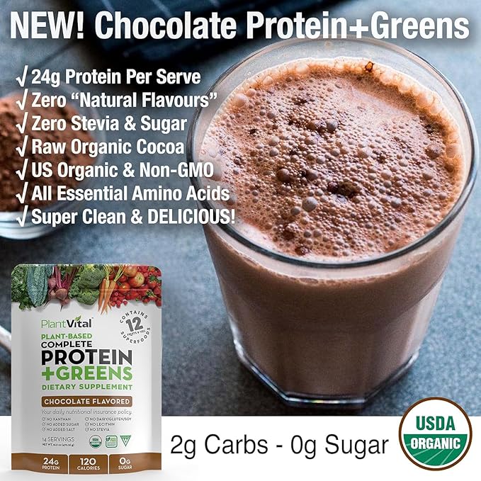 PlantVital Vegan Protein Powder Plant Based, Organic Protein Powder Chocolate, 24g/0g sugar, 12 Superfoods, Veggies, Probiotics, Raw Cocoa, Kale, Beets, Spirulina, Pea, Gluten-Free, Keto-Friendly,32oz