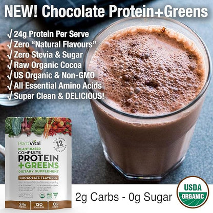 PlantVital Vegan Protein Powder Plant Based, Organic Protein Powder Chocolate, 24g/0g sugar, 12 Superfoods, Veggies, Probiotics, Raw Cocoa, Kale, Beets, Spirulina, Pea, Gluten-Free, Keto-Friendly,32oz