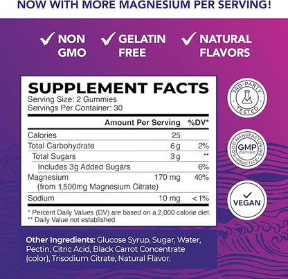Magnesium Citrate Gummies | Extra Strength for Calm, Relaxation & Digestion | High Absorption Magnesium Gummies for Adults | Vegan, Non-GMO | Raspberry Flavor Mag Gummy | 60 Ct, 1 Month Supply