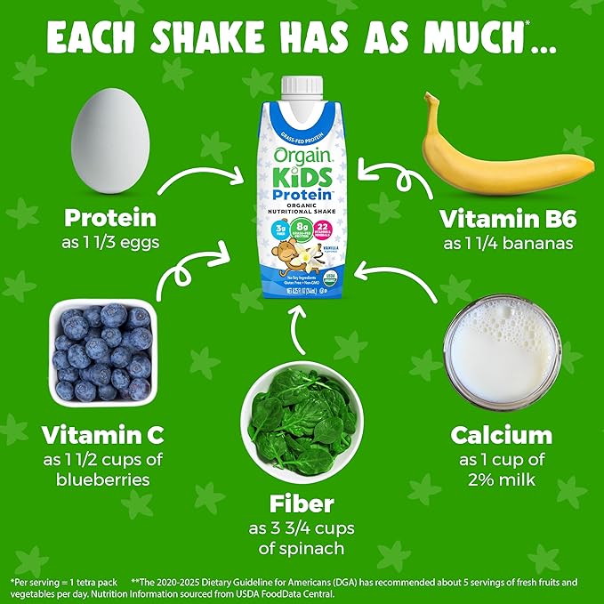 Orgain Organic Kids Nutritional Protein Shake, 8g Dairy 3g Fiber, 22 Vitamins 8.25 Fl (4 Pack)