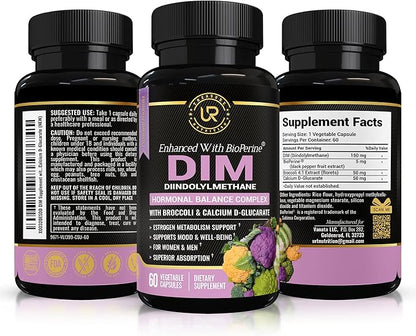 DIM Supplement with Broccoli Extract and BioPerine - Natural Hormone Balance Support for Women and Men - Estrogen Balance - Menopause, Acne - 60 Vegetarian Capsules with Calcium D-Glucarate