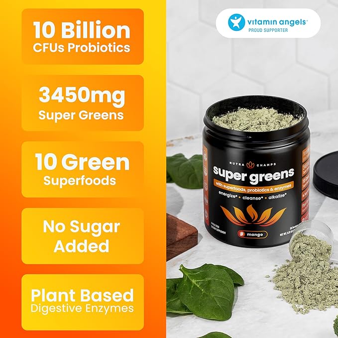 NutraChamps Super Greens Powder Premium Superfood | 20+ Organic Green Veggie Whole Foods | Wheat Grass, Spirulina, Chlorella | Antioxidant, Digestive Enzyme & Probiotic Blends (9.0 OZ, Mango)