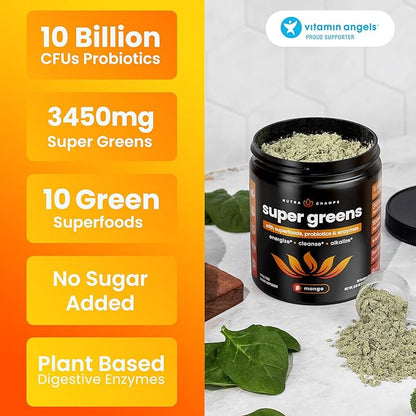 NutraChamps Super Greens Powder Premium Superfood | 20+ Organic Green Veggie Whole Foods | Wheat Grass, Spirulina, Chlorella | Antioxidant, Digestive Enzyme & Probiotic Blends (9.0 OZ, Mango)