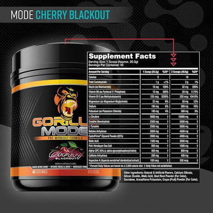 Gorilla Mode Pre Workout - Massive Pumps · Laser Focus · Energy · Power - L-Citrulline, Creatine, L-Tyrosine, Betaine, Hydroprime®, Alpha-GPC, 400mg Caffeine, Huperzine A - 812g (Cherry)