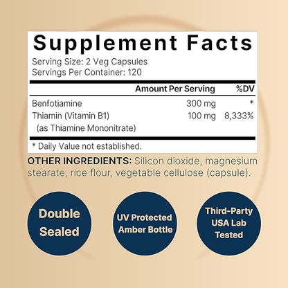 NatureBell Benfotiamine 300mg with Thiamine 100mg 240 Veggie B1 Benfotiamine