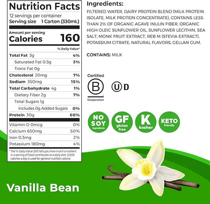 Orgain 30g High Protein Shake, Dairy Isolate Milk Protein, Vanilla Bean, 6g BCAAs, 1g Sugar Per Serving, Meal Replacement, Ready to Drink, Keto Friendly, Gluten-Free 11 Fl Oz (Pack of 12)