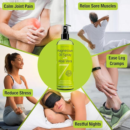 Seven Minerals, Magnesium Oil Spray with Aloe Vera - Less Itchy - Use as Magnesium Spray Deodorant - Made in USA - Get Healthy Hair & Skin and Sleep Better - Free eBook Included (Big 12 oz)