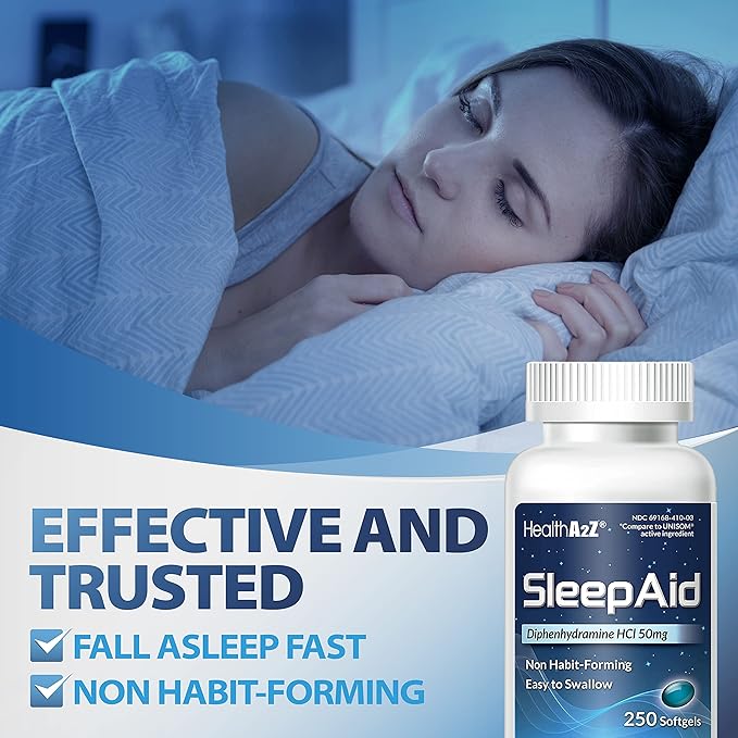 HealthA2Z Sleep Aid, Diphenhydramine Softgels, 50mg, (250 Counts)