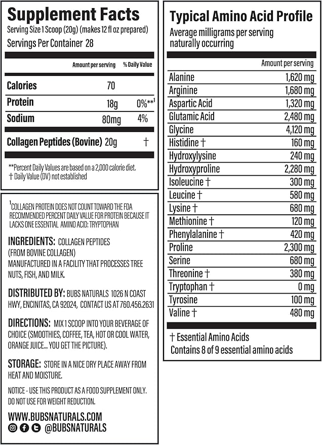 BUBS Naturals Unflavored Collagen Peptides Powder Whole30 Approved, (20oz) 28 28 Servings