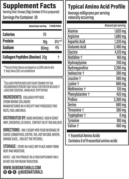BUBS Naturals Unflavored Collagen Peptides Powder Whole30 Approved, (20oz) 28 28 Servings
