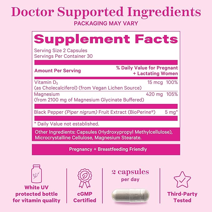 Pink Stork Magnesium Glycinate with Vitamin D - Magnesium Supplement for Women to Support Natural Calm, Mood, and Sleep - Hormone Balance for Women - 60 Capsules, 1 Month Supply