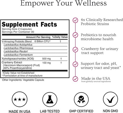 Vaginal Probiotics for Women + Prebiotics & Cranberry Pills, pH Balance, Healthy Odor, Yeast, Immune Support, Positive Microbiome Health, Women’s Acidophilus Probiotic, 60 Vegan Capsules